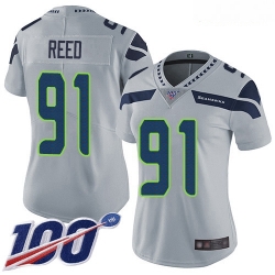 Women's Seattle Seahawks #91 Jarran Reed Grey Alternate Stitched Football 100th Season Vapor Limited Jersey