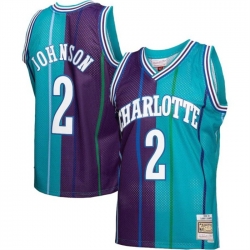 Charlotte Hornets 2 Larry Johnson Teal Purple Split 1992-93 Mitchell 26 Ness Swingman Stitched Jersey