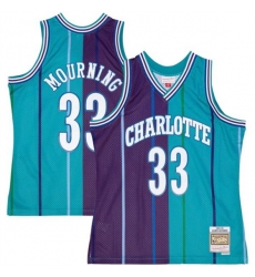 Charlotte Hornets 33 Alonzo Mourning Teal Purple Split 1992 93 Mitchell 26 Ness Swingman Stitched Jersey
