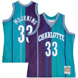 Charlotte Hornets 33 Alonzo Mourning Teal Purple Split 1992 93 Mitchell 26 Ness Swingman Stitched Jersey