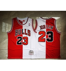 Chicago Bulls 23 Michael Jordan Red White Split Mitchells Ness Hardwood Classics NBA Jersey