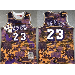 Los Angeles Lakers 23 LeBron James Purple Yellow Throwback Basketball Jersey