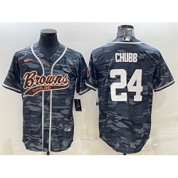 Cleveland Browns 24 Nick Chubb Grey Camo With Patch Cool Base Stitched Baseball Jersey