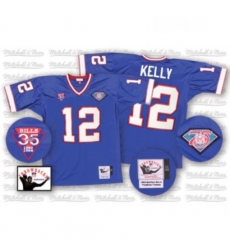 Mitchell And Ness Buffalo Bills 12 Jim Kelly Royal Blue 35th Anniversary Patch Authentic Throwback NFL Jersey Mitchell And Ness Buffalo Bills 12 Jim Kelly Royal Blue 35th Anniversary Patch Authentic Throwback NFL Jersey