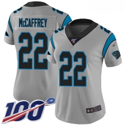 Women's Carolina Panthers 22 Christian McCaffrey Silver Stitched Football Limited Inverted Legend 100th Season Jersey