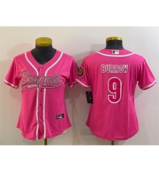 Women's Cincinnati Bengals 9 Joe Burrow Pink With Patch Cool Base Stitched Baseball Jersey
