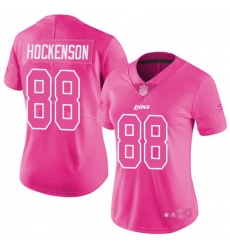 Women's Detroit Lions 88 T J Hockenson Pink Stitched Football Limited Rush Fashion Jersey