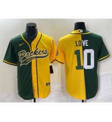 Green Bay Packers 10 Jordan Love Green Gold Split Cool Base Stitched Baseball Jersey