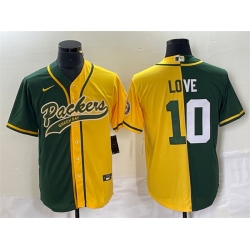 Green Bay Packers 10 Jordan Love Green Gold Split Cool Base Stitched Baseball Jersey