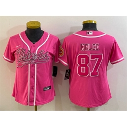 Women's Kansas City Chiefs 87 Travis Kelce Pink With Patch Cool Base Stitched Baseball Jersey