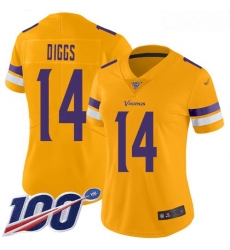 Women's Minnesota Vikings #14 Stefon Diggs Gold Stitched Football Limited Inverted Legend 100th Season Jersey