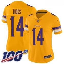 Women's Minnesota Vikings #14 Stefon Diggs Gold Stitched Football Limited Inverted Legend 100th Season Jersey