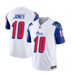 New England Patriots 10 Mac Jones White Blue 2023 F U S E Throwback Limited Stitched Football Jersey