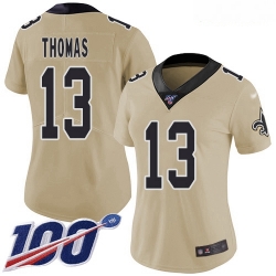 Women's New Orleans Saints #13 Michael Thomas Gold Stitched Football Limited Inverted Legend 100th Season Jersey