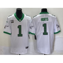 Philadelphia Eagles #1 Jalen Hurts White Kelly Green With C Patch Jersey