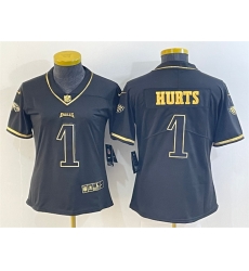 Women's Philadelphia Eagles 1 Jalen Hurts Black Golden Edition Stitched Football Jersey