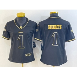 Women's Philadelphia Eagles 1 Jalen Hurts Black Golden Edition Stitched Football Jersey
